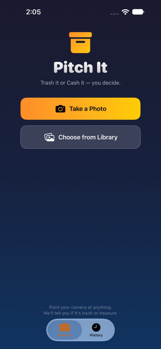 Pitch It home screen with Take a Photo and Choose from Library buttons