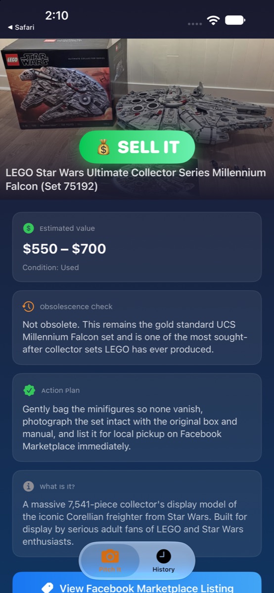 Pitch It result: a LEGO Millennium Falcon set rated Sell It, valued at $550 to $700, with an action plan